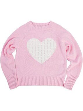Girls Pink Knit Sweater With White Cable-Knit Heart Design Long Sleeves Ribbed C